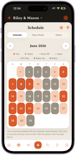 Calendar with the recurring custody pattern resolved day by day