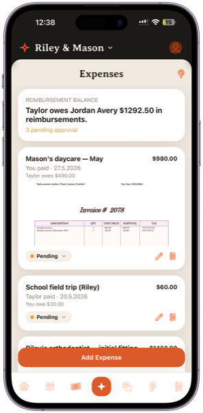 Expense tracker showing reimbursement balance and itemized shared costs