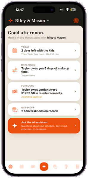 Custody Hero home screen showing today's plan, days owed, expenses and messages